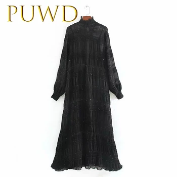 

PUWD 2019 Autumn and winter new women's black bottomed dress long skirt temperament Waist Long Sleeve Chiffon Skirt