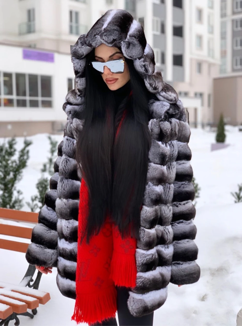 Furealux, кожа, настоящая Шиншилла, шуба из кролика Рекс, натуральный, полная длина, женский пуховик, кроличий мех, настоящее зимнее пальто