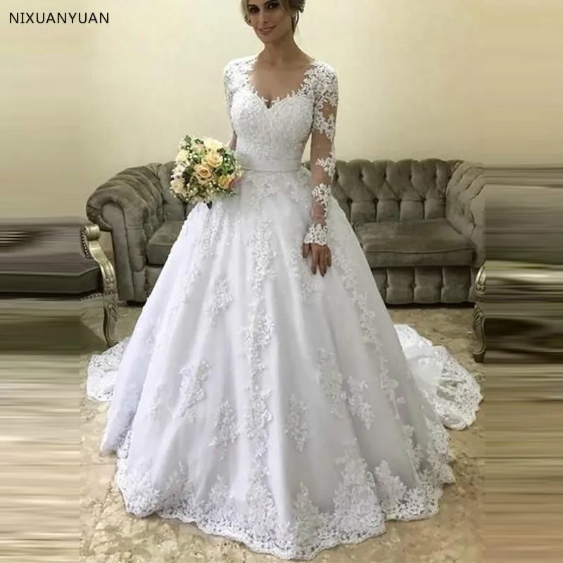 Халат Mariage кружева длинные рукав с накладной аппликацией Свадебные платья прозрачные совок шеи со шлейфом подвенечные свадебные платья