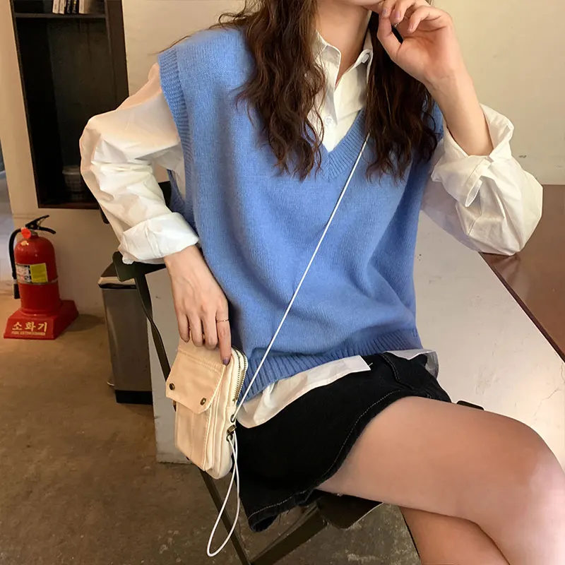 

4colors 2020 autumn and winter korean style v neck knitted solid color sleeveless vest sweaters womens pullovers womens