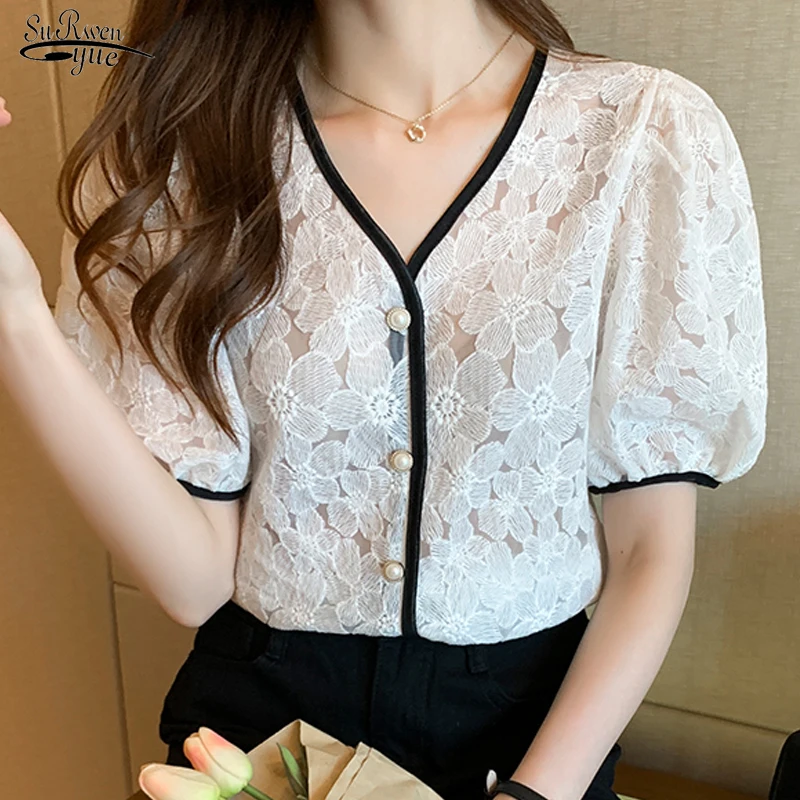 

2023 Summer Trumpet Sleeve Temperament Blouse Women Fashion Flower Embroidery Shirt Lady Lace O-Neck All-match Top Blusa 15472