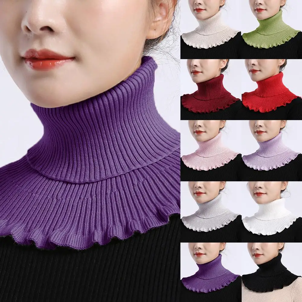 

High Neck Ribbed Knitted Ruffled Detachable Fake Collar Women Winter Windproof Warm Scarf Snood Scarves cuellos falsos de mujer