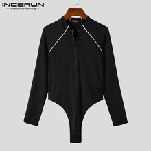 INCERUN 2021 Men Bodysuits Pajamas Homewear Patchwork Fitness Long Sleeve Zipper Men Rompers Comfortable Leisure Bodysuits S-5XL
