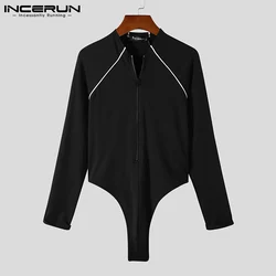 INCERUN 2021 Men Bodysuits Pajamas Homewear Patchwork Fitness Long Sleeve Zipper Men Rompers Comfortable Leisure Bodysuits S-5XL