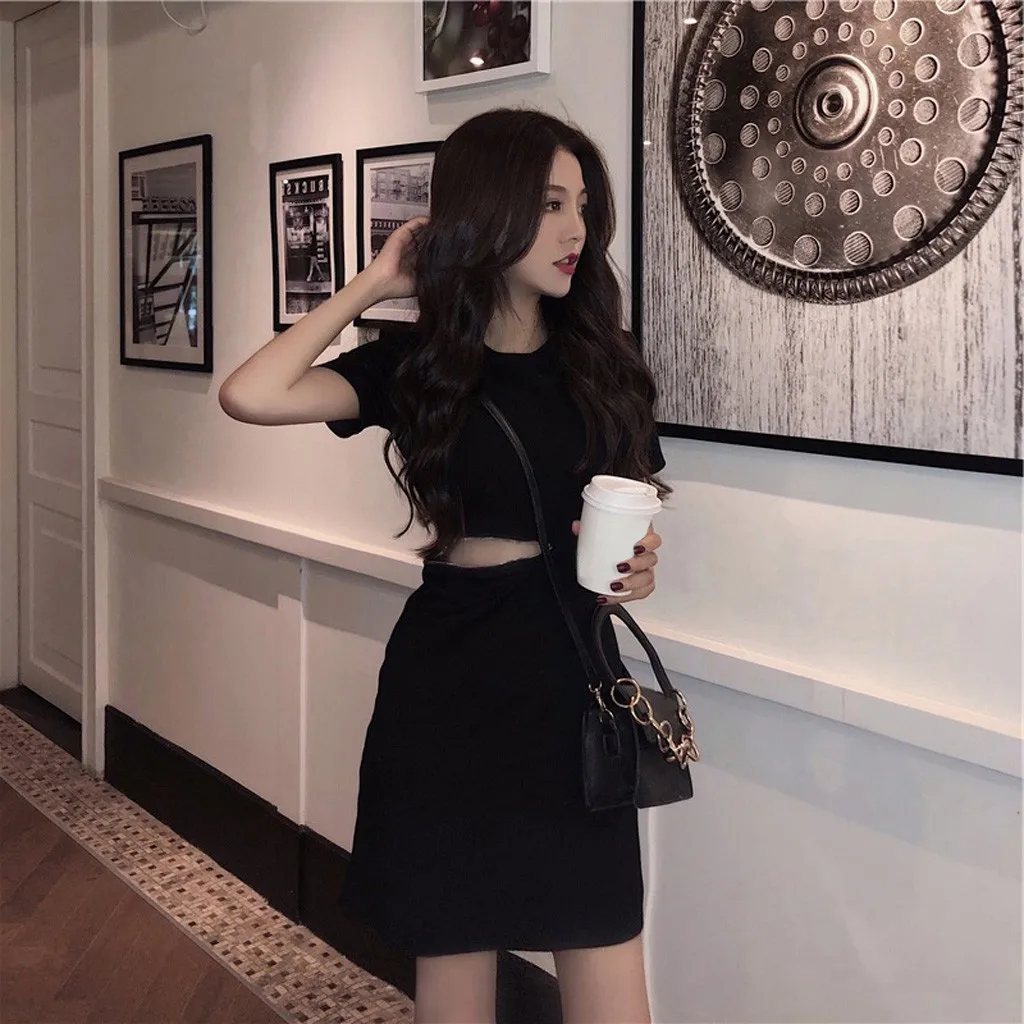 

Women's Korean Style Casual Slim Hollow Out Dress Women Sexy O Neck Short Sleeve 2020 Fashion Club Mini Dress Vestidos sukienki