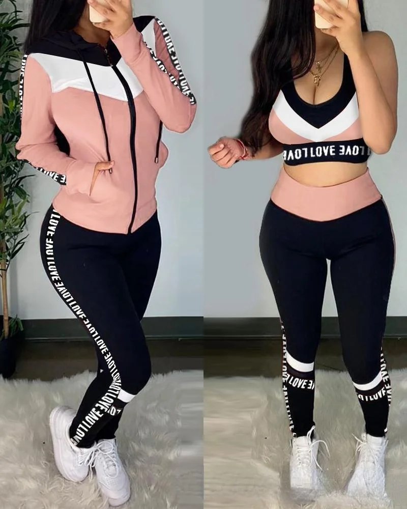 

New Product 2021 Women's Letter Contrasting Color Vest Hooded Three-piece Set Style Waist Material Decoration Origin Gender Age