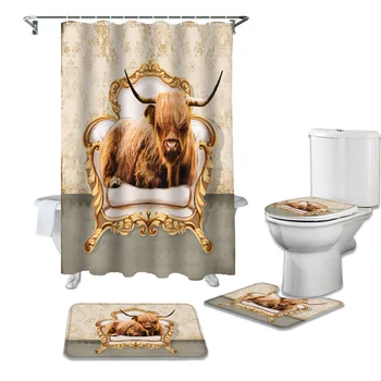 

Highland Cow Sitting On Sofa Shower Curtains Set Bath Mat Set Toilet Cover Bathroom Accessories Bathroom Rug Set