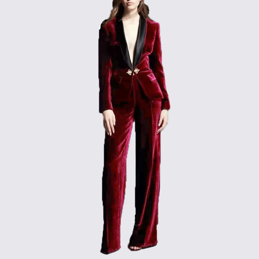 

HIGH QUALITY New Fashion 2019 Designer Suit Set Women's Elegant Queen Crown Buttons Wine Red Velvet Jacket And Pants Sets
