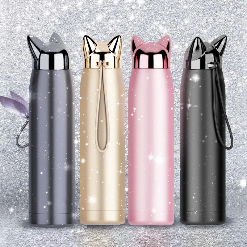Tanie 320 ml 11 oz podwójna ściana butelka na wodę termos termosy ze stali nierdzewnej słodki kociak Fox ucho termiczna kawa herbata mleko kubek podróżny
