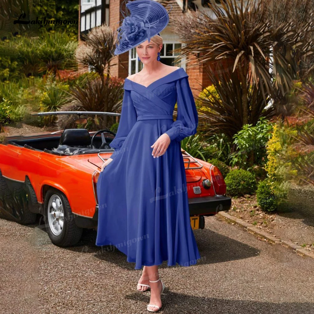 

Royal Blue A-line Mother's Dress Long Sleeves Chiffon Wedding Party Gowns Elegant Mother of the Bridal Dresses Off-The-Shoulder