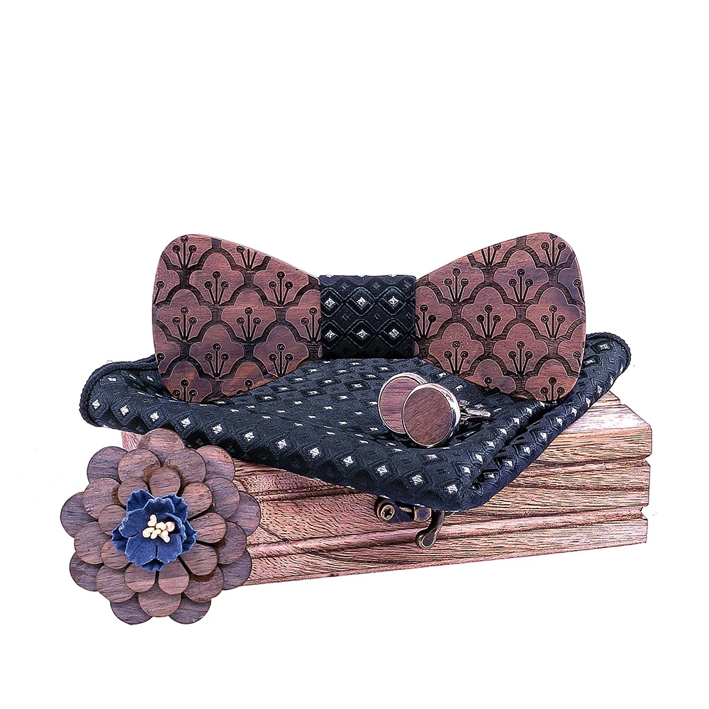 Wooden Bow Tie Men Set Square Scarf Cufflinks Brooch Party Stage Bow Tie Men's Accessories Logo Custom