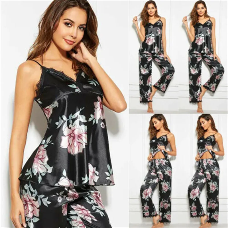 

2020 Women Satin Pajamas Sets Sleeveless Black Lace Floral top+Pants Sleepwear Nightwear Sexy Loungewear homewear Sets