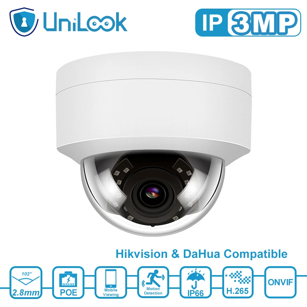 

UniLook 3MP Dome POE IP Camera Outdoor Night Vision CCTV Security Camera IP66 H.265 Onvif Support Motion Detection