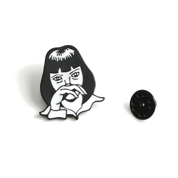 

Gothic Pulp Fiction Film Character GODDAMN Girl Black White Label Pins Personal Brooches Enamel Pin Badge For Women Jewelry Gift