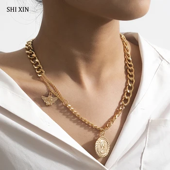 

SHIXIN Punk Chunky Chain With Coin/Angel Pendant Necklace for Women Hiphop Short Choker Necklace Colar 2020 Fashion Jewelry Gift