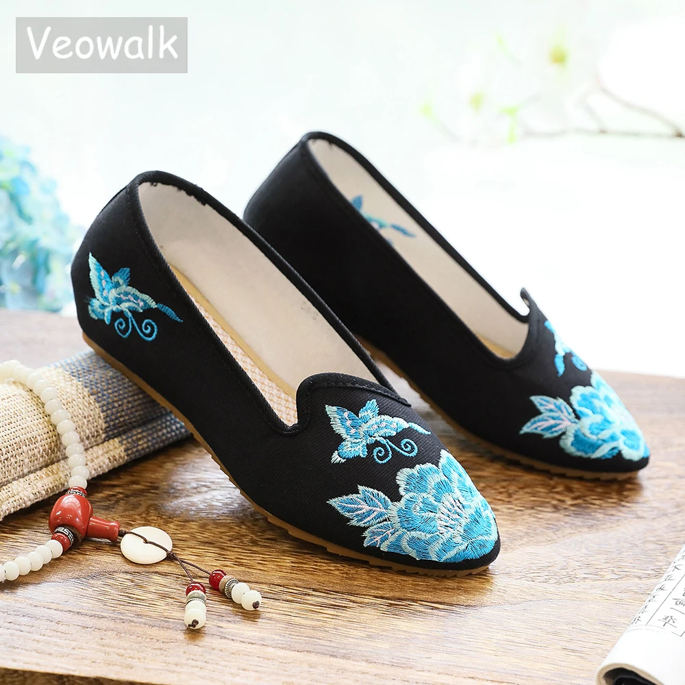 Veowalk женские туфли с острым носком на плоской подошве цветочной вышивкой удобные