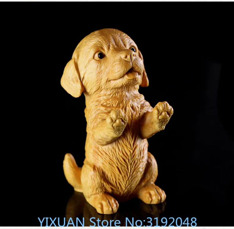 

Small leaf boxwood carving solid wood Zodiac dog playing handle carving crafts creative home furnishings Wangcai