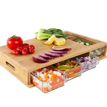 

Bamboo Cutting Board With 4 Trays Chopping Board With Container Bamboo Food Storage Kitchen Organizer Cutting Tool