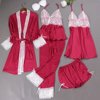 

Sexy Kimono Robe Gown Female Strap Top&Pants Satin 5PCS Pajamas Suit Lace Patchwork Bride Wedding Gift Pijamas Homewear