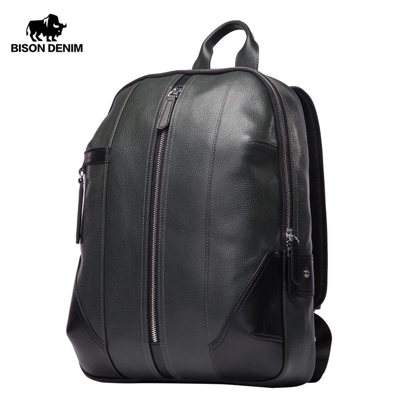 

BISON DENIM Genuine Leather Men Backpack Male Designer School Backpack Men's Travel Cowhide Backpack 15 inches Laptop N2536