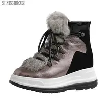 Женские зимние ботильоны из натуральной кожи на плоской платформе; теплые зимние ботинки; повседневная обувь на шнуровке; женская обувь; большие размеры 42-43