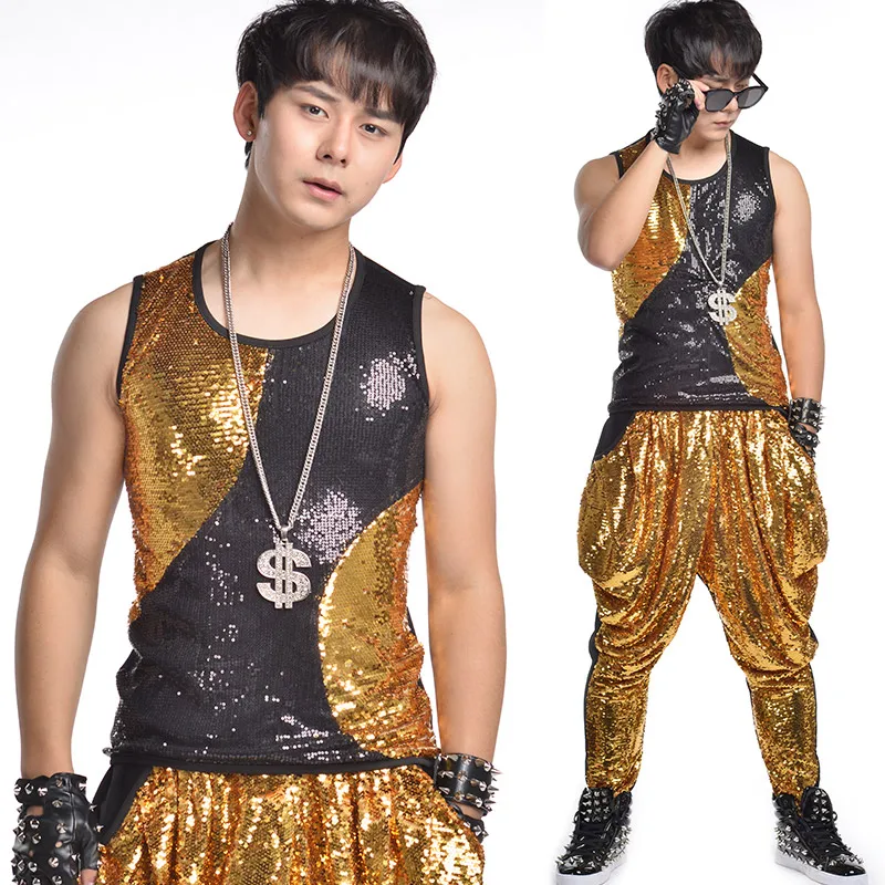 

New Gold Costume Vest+Pant 2PCS Suit GD Dance Wear DS Bar Punk Style Clothing Haren Pants DJ Costume GoGo Dancers Costume BL2105