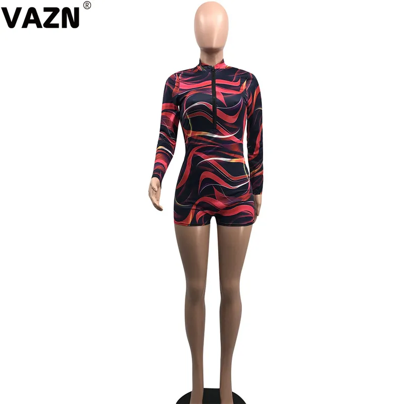 VAZN GYD18082 chic design summer sexy lady colors bodysuit full sleeve zipper fly skinny jumpsuit lady sexy club jumpsuits