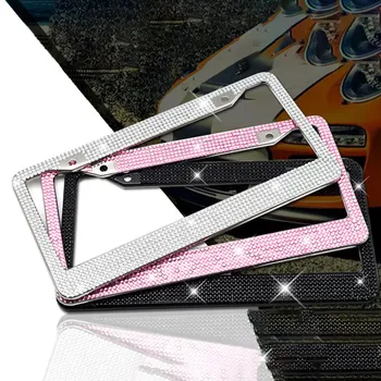 

2PCS Bling Crystal License Plate Frame Women Luxury Handcrafted Rhinestone Car Frame Plate With Ignition Button
