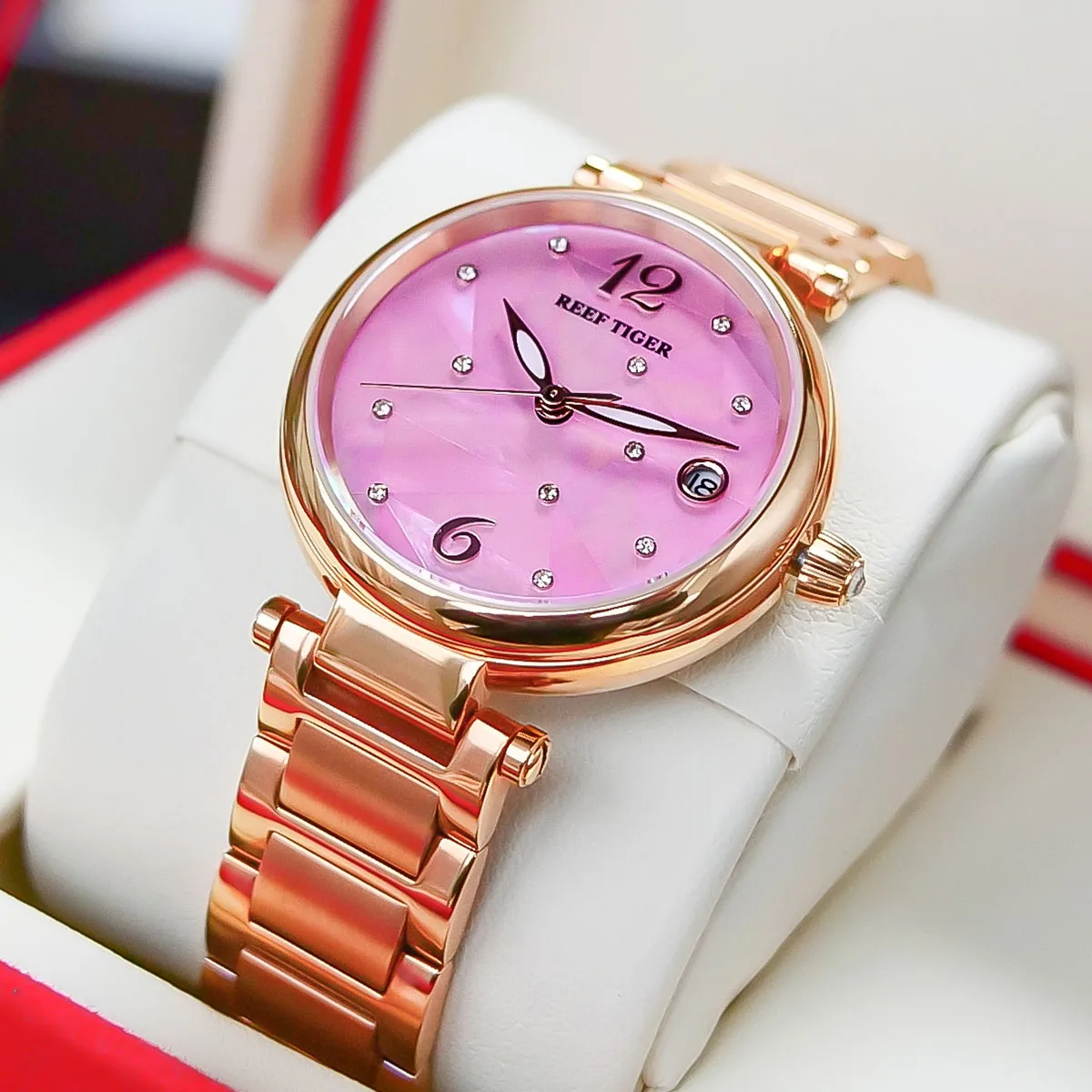 

Reef Tiger/RT New Design Luxury Stainless Steel Pink Dial Automatic Watches Women Rose Gold Steel Strip Watch RGA1584