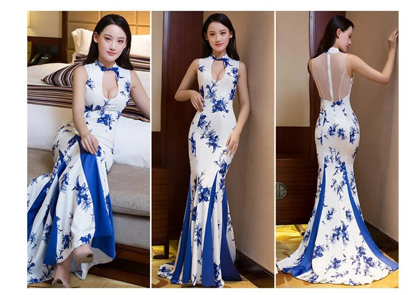 Синий и белый фарфор Улучшенный сексуальный cheongsam зима длинный рыбий хвост китайский стиль шоу Вечернее платье клуб платье юбка
