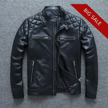 

2019 Black Men Slim Fit Motorcycle Leather Jacket Plus Size XXXXXL Genuine Cowhide Russian Autumn Biker's Leather Coat