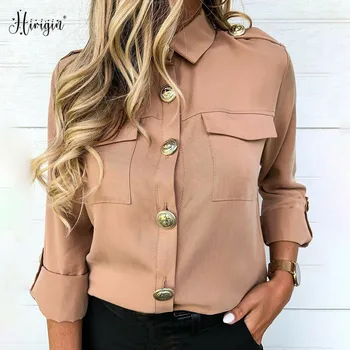 

Women's Blouse Spring Autumn Formal Casual Blouse Long Sleeve Solid Color Rivet Button Long Tunic womens Tops And Blouse