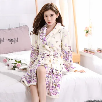 

Winter Warm Flannel Robe Sleepwear Print Flower Women Kimono Bathrobe Gown Coral Fleece Thicken Nightgown V-neck Sleepdress