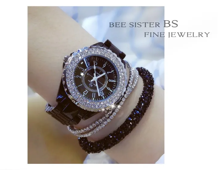 Роскошные керамические часы женские браслет часы с кристаллами Дата часы Женское платье алмазные Женские кварцевые часы на запястье часы reloj mujer