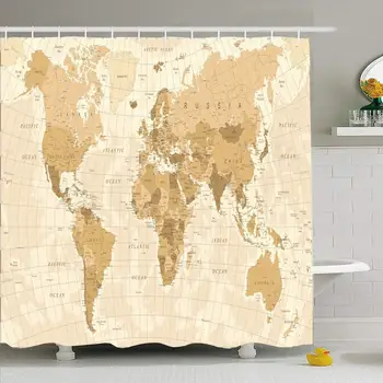 

Shower Curtain Set with Hooks 66x72 World USA Map Vintage Detail Asia Transportation Europe Continent Political Education