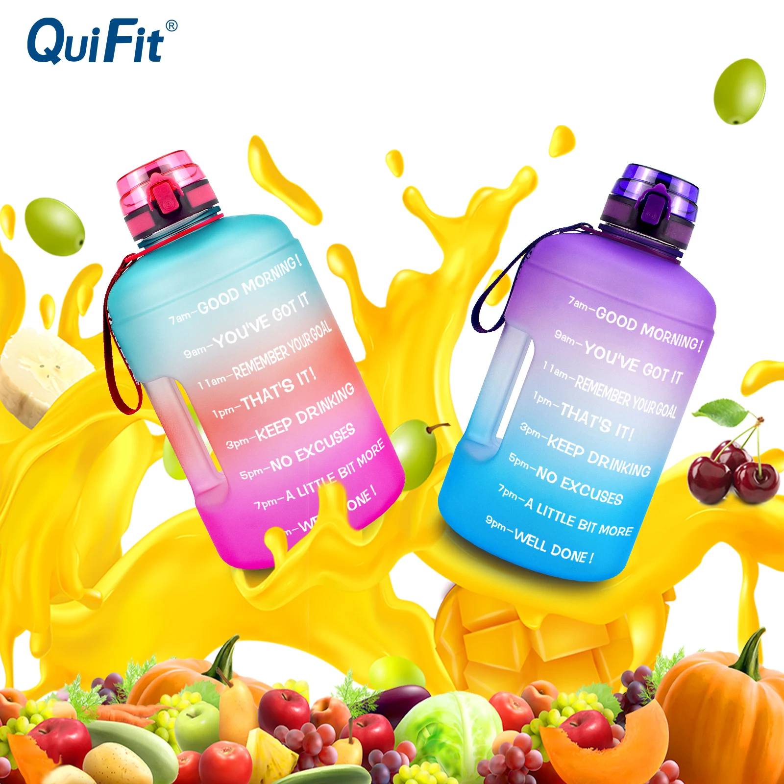 

QuiFit 128oz 73oz 43oz 1 Gallon Water Bottle With Time Markings Filter Net Fruit Infuse BPA Free Motivational Sports Drink Jug