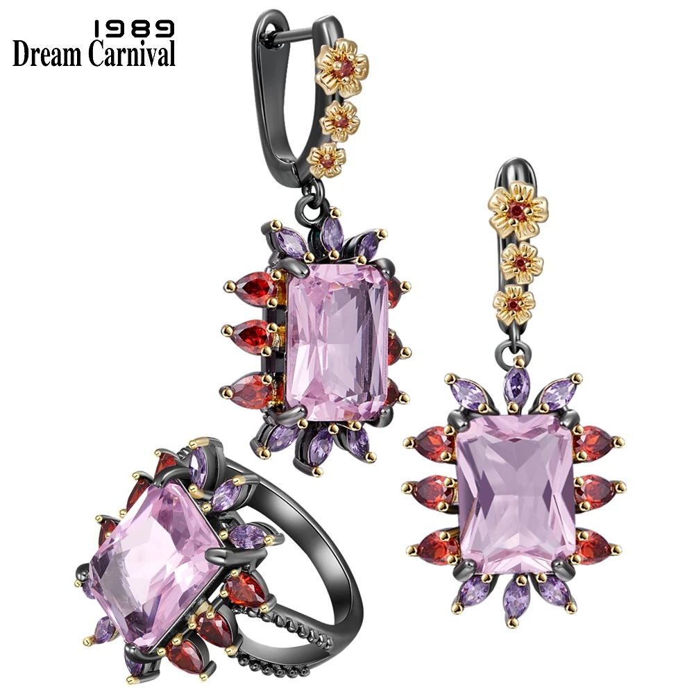 

DreamCarnival1989 New Statement Jewelry Set for Women Rings + Earrings Pink Zirconia Wedding Party Fashion Eye Catching ER4035S2