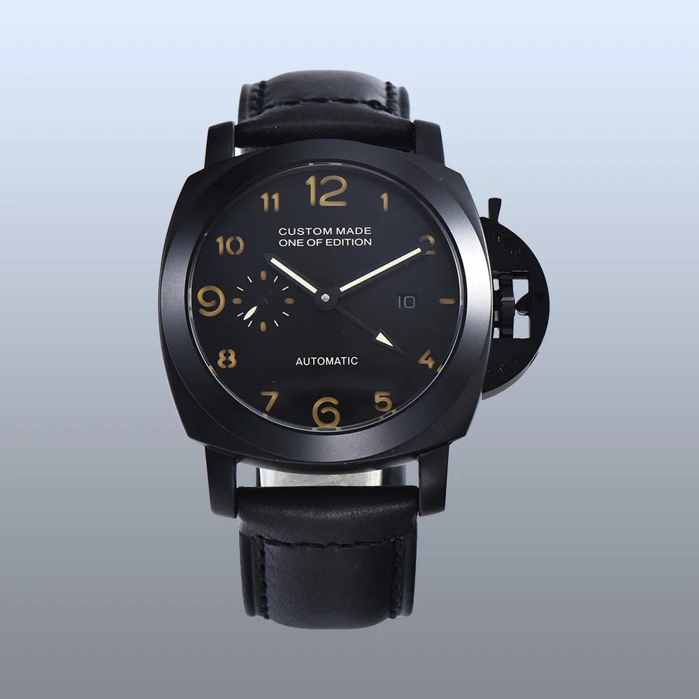 

Watch automatic movement black 44mm PVD 316L stainless steel case mineral crystal leather strap S74