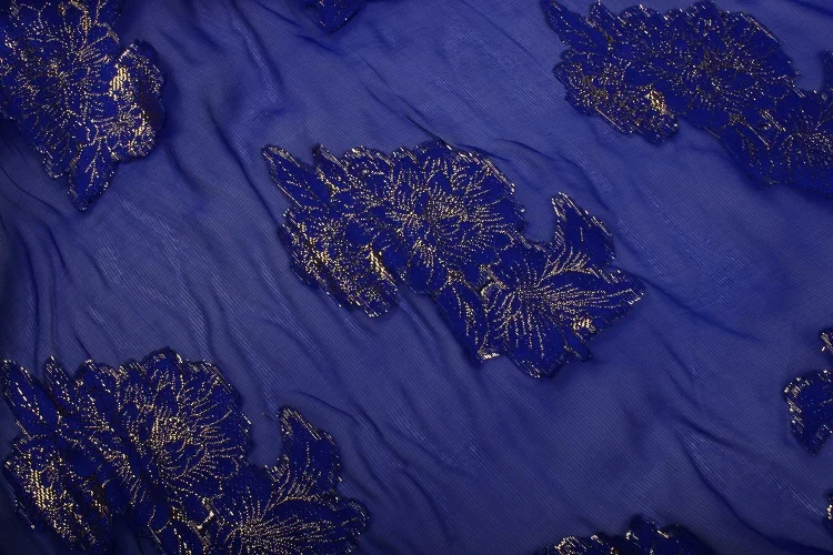 Супер-красивый шелк Scissored Лента ткань темно-синий золото-штампованная ткань деликатно Прозрачный шелк тухлые цветы
