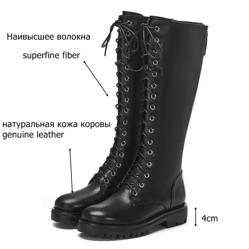 ZVQ/высокие кожаные сапоги до колена из бегущей кожи красивые женские ботинки на молнии со шнуровкой Модные женские ботинки на среднем каблуке 4 см, Осень-зима