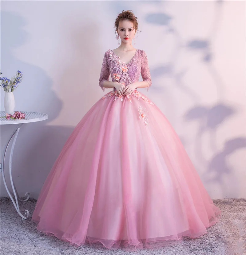 Розовое Бальное Платье кружевные платья для Quinceanera с коротким рукавом 15 милых 16