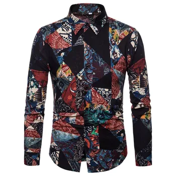 

Printed Men Shirt Spring Autumn Patchwork Ethnic Stylish Fastener Sweatshirts Top Blouse Hawaiian Pattern Streetwear Chemise