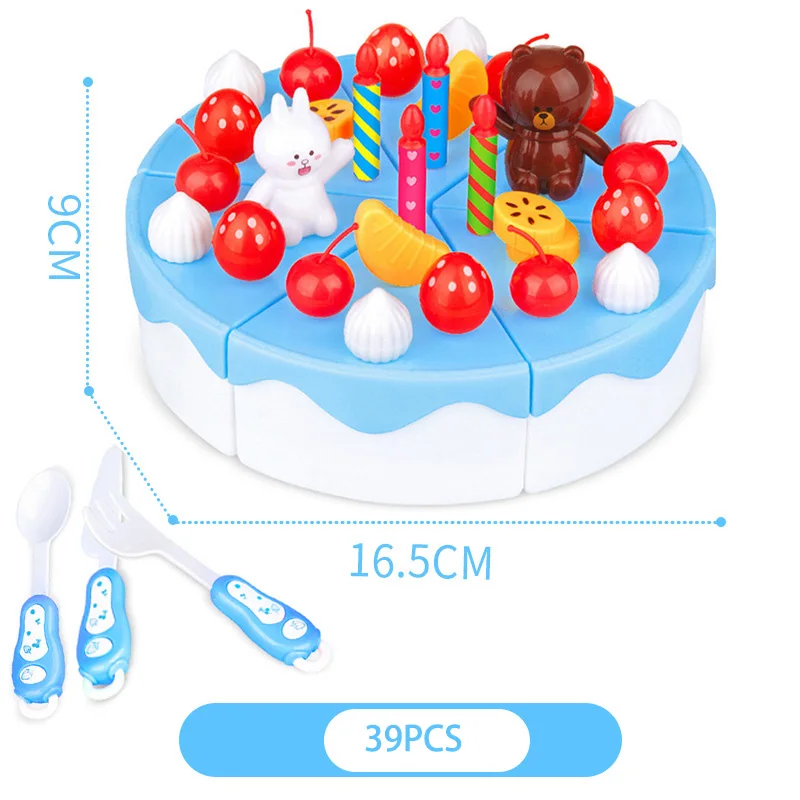 39-63 шт DIY ролевые игры фрукты разрезание торта ко дню рождения набор игрушечной посуды еда Juguete игрушка розовый синий подарок для девочек детей - Цвет: 39pcs blue