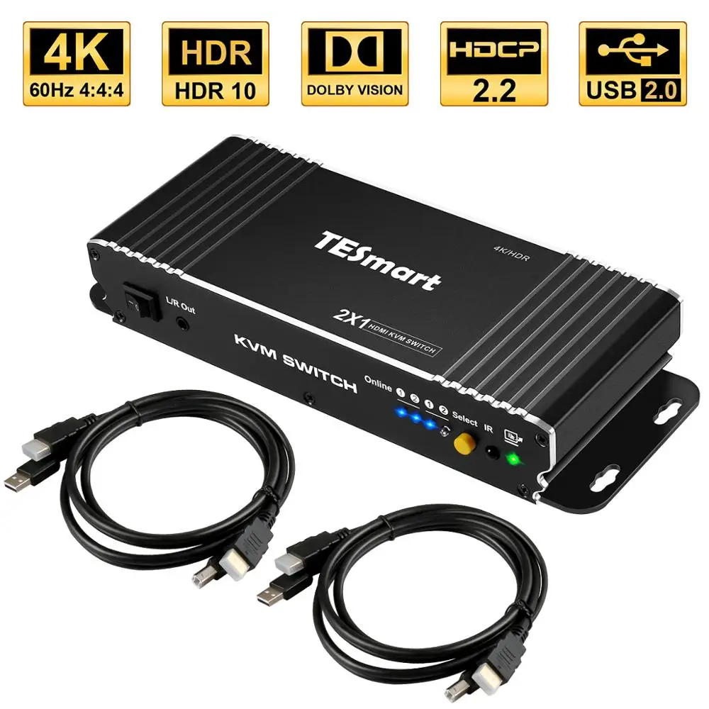 HDMI коммутатор 4 к, TESmart Новый HDMI 4 к @ 60 Гц Ultra HD 2x1 HDMI KVM переключатель поддерживает USB 2,0 устройств управление до 2 компьютеров/серверов