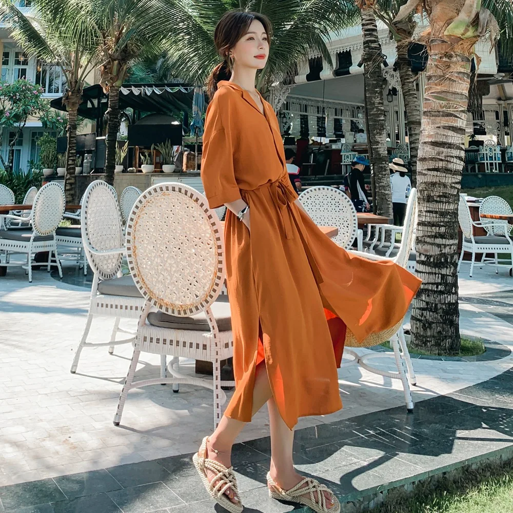 

France Non-mainstream Long Skirts Women's 2019 Summer New Style Retro Hepburn Wind Single Breasted Waist Hugging Slimming Slit D