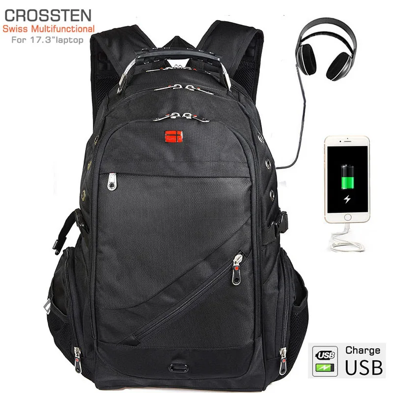Скидка Crossten швейцарские дорожные сумки USB зарядное устройство Порт Рюкзак для ноутбука 17,3