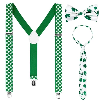 

3 Pieces St. Patrick'S Day Suspender Accessories Set Includes Shamrock Suspenders Shamrock Neckties Bowties for Irish Holiday Pa