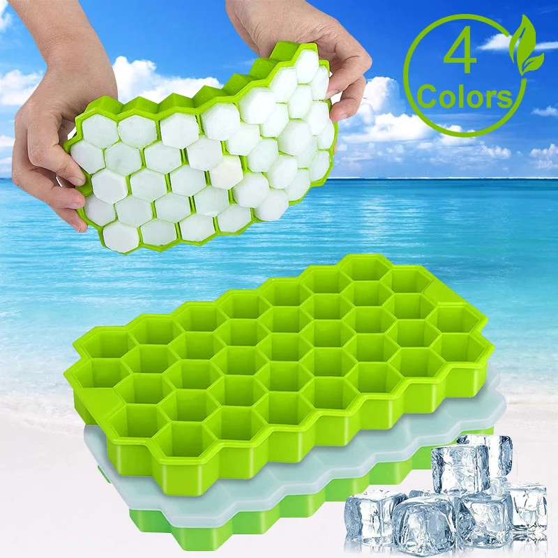 Silicone Ice Cube Tray - Honeycomb Shaped Flexible Ice Trays With Covers -  BPA Free Silicone Ice Tray Molds With Removable Lid 