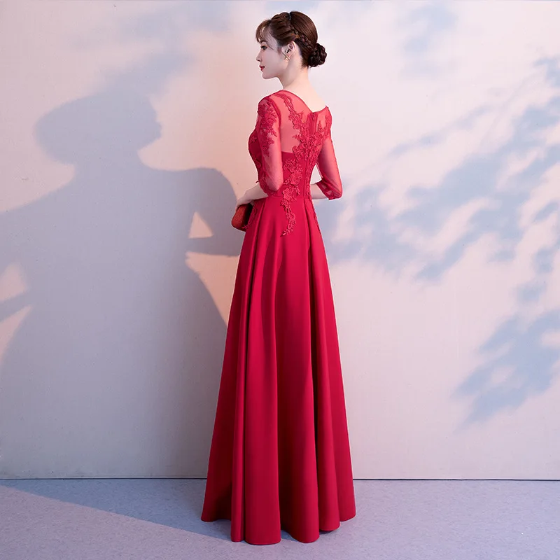 Платье Cheongsam высокого качества, сексуальное платье невесты с круглым вырезом, тонкое длинное банкетное женское традиционное китайское платье невесты - Цвет: Burgundy A