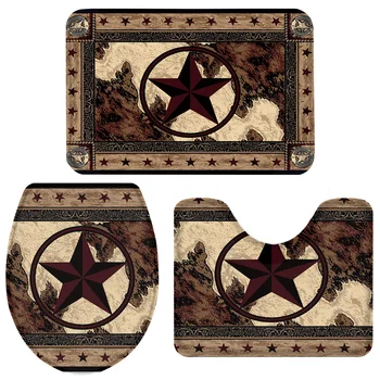 

3 Pieces Bathroom Set Western Texas Star Rustic Vintage Bath Set Toilet Cover Mat Pedestal Rug Non-Slip Bathroom Rug Set